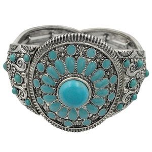 Turquoise Stone Dot Aqua Blue Concho Western Style Chunky Stretch Bracelet